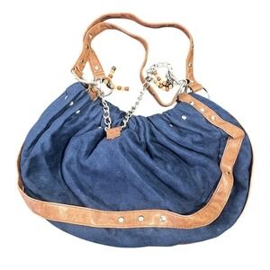 Navy Blue Slouchy Hobo Bag Faux Leather Trim Studded Chain Accent Magnetic